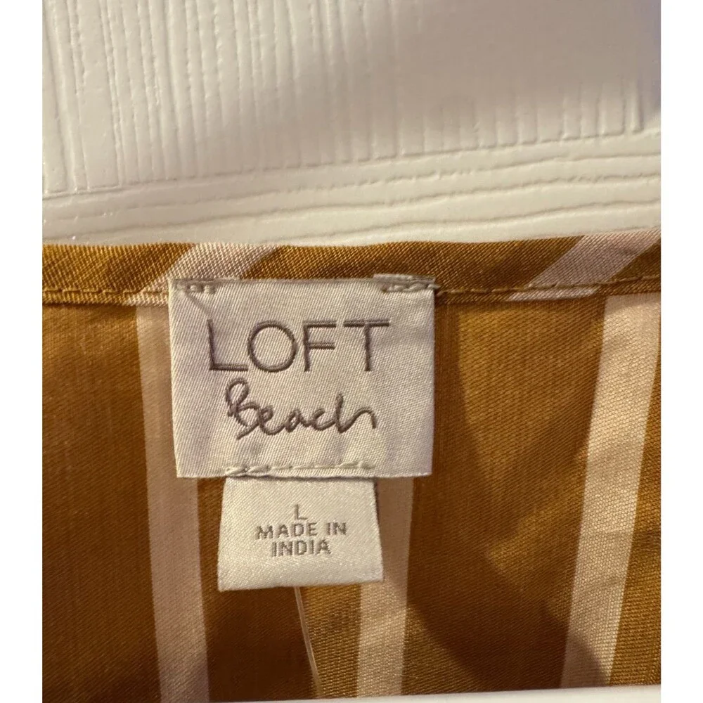 NWT LOFT Mustard White Striped Tie Front Peplum Top Sz L Coastal Resort Boho